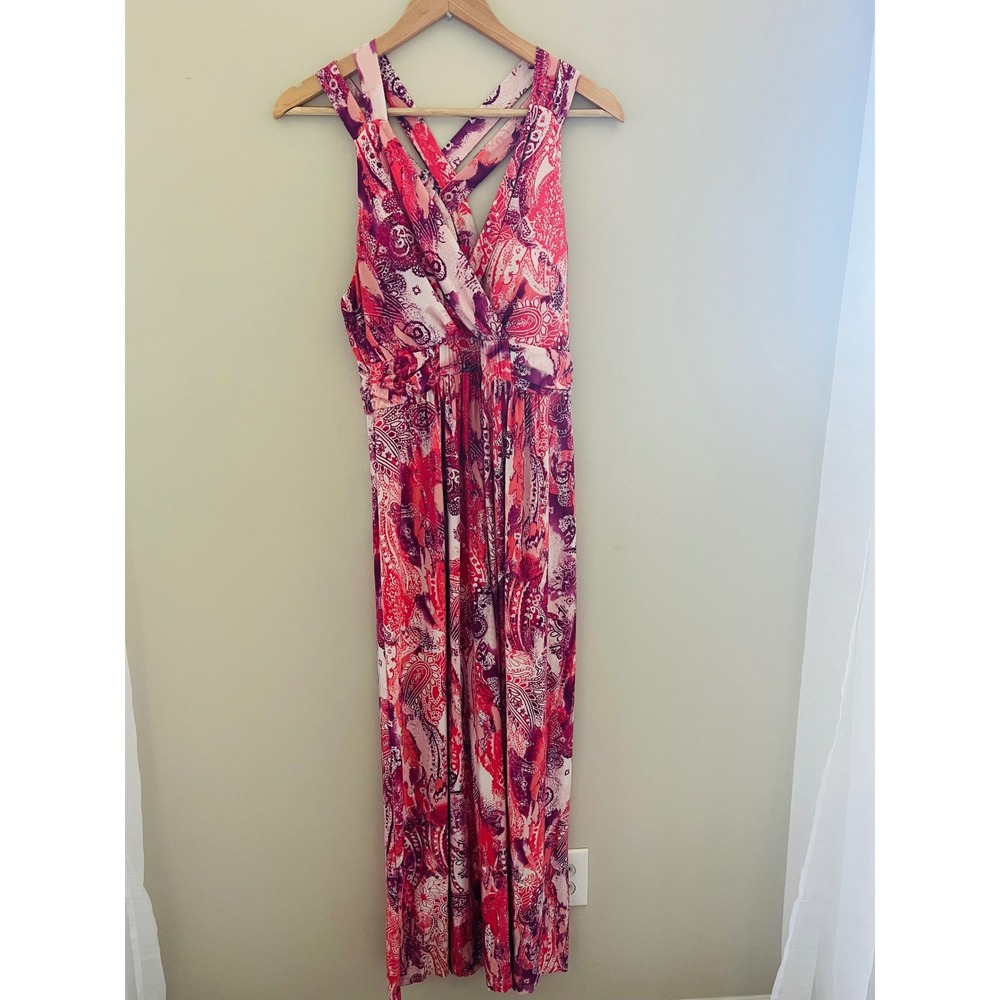 Soma Women Pink Purple Paisley Strappy Back Maxi Dress Large built in bras